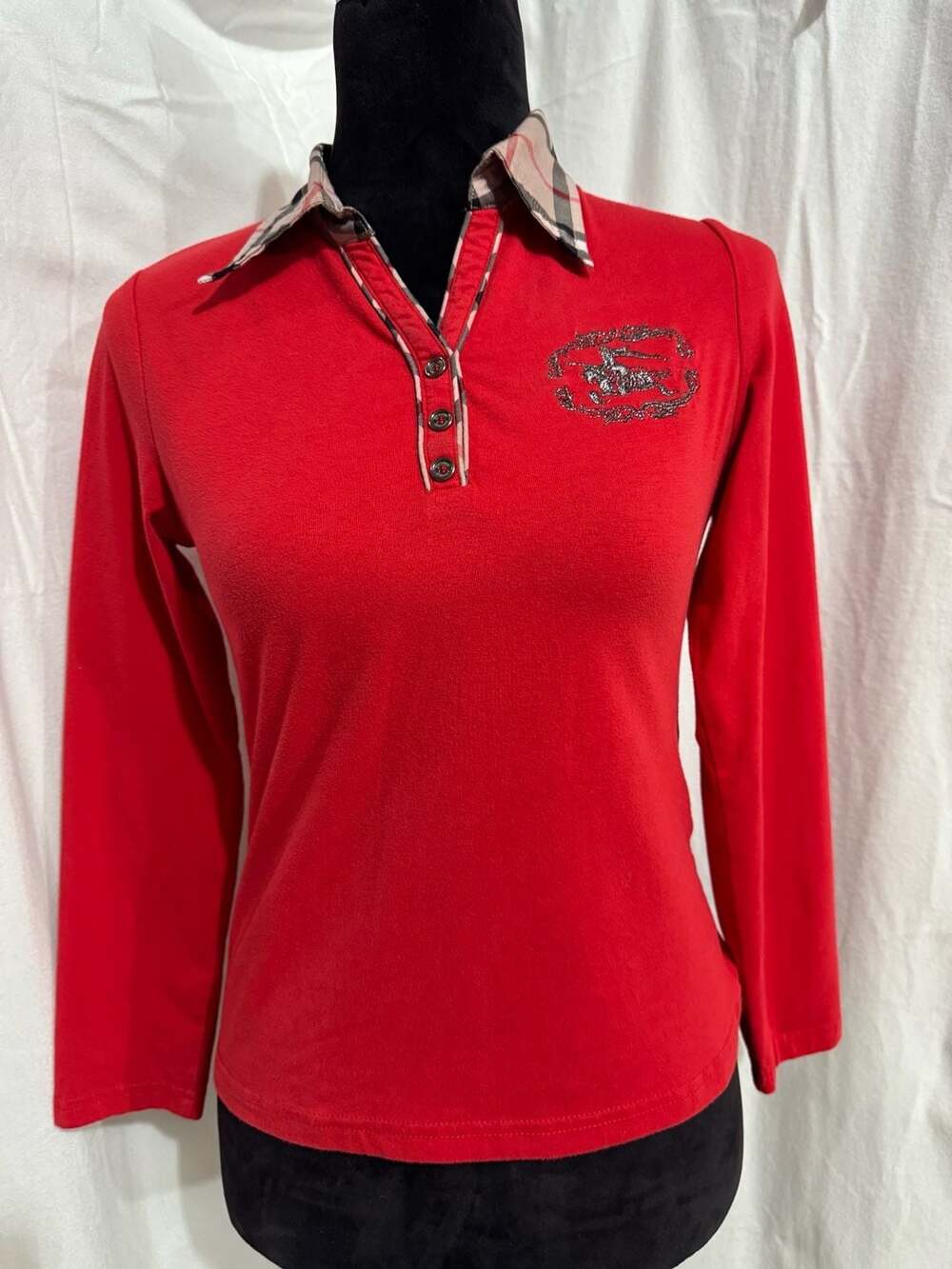 Burberry London Women's Red Long Sleeve Polo Shirt with Nova Check Collar